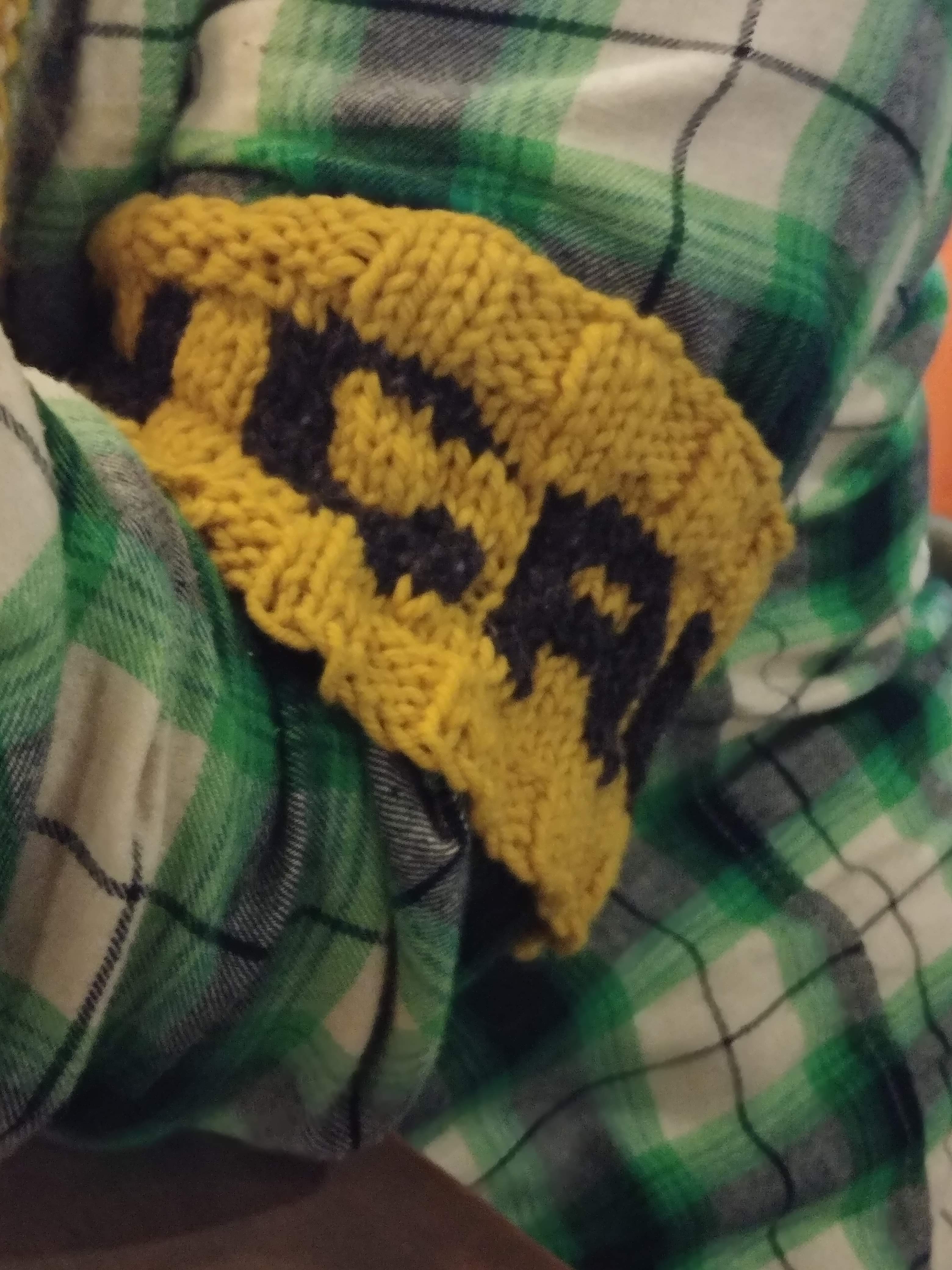 A hand knit mourning band in mustard yellow with Caution spelled out in black block print ienwraps the arm of someone wearing a flannel shirt