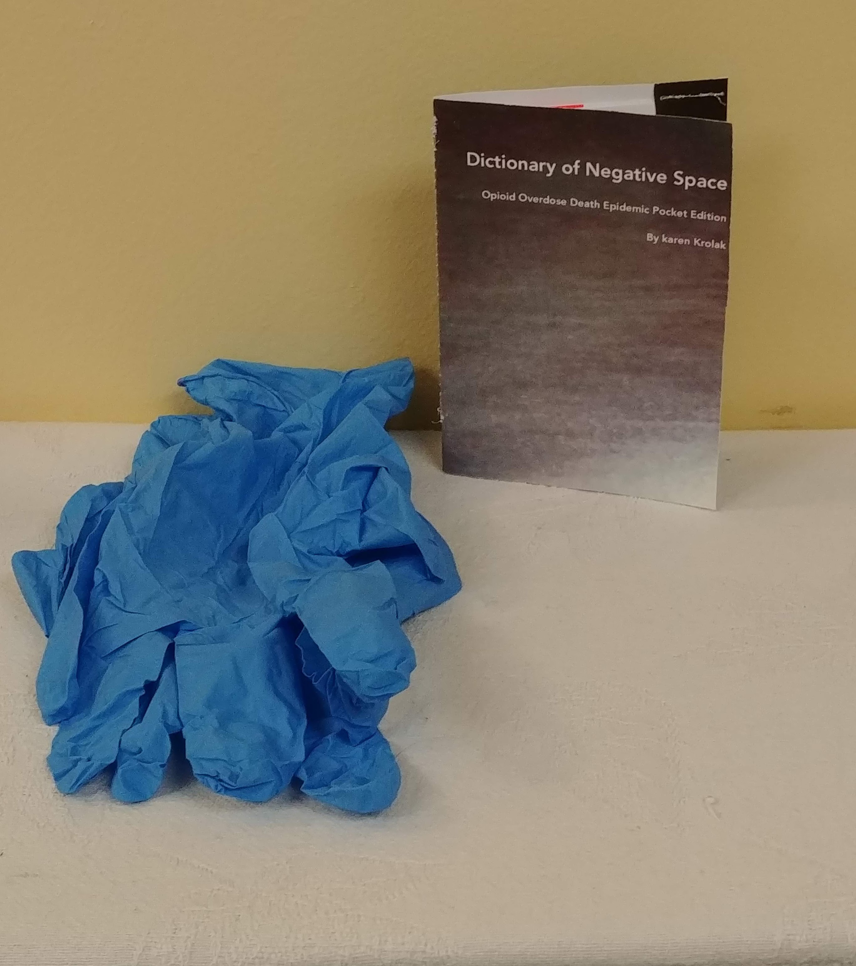 Krolaks Dictionary of Negative Space Opioid Overdose Death Epidemic Pocket Edition sits on a shelf nest to a pair of blue nitrile gloves.